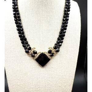 1928 Black Choker with Clear Rhinestones and Gold Tone